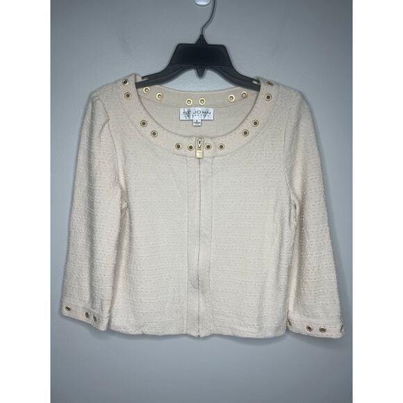 St. John Collection Full Zip Jacket Coat Cardigan Cream Beige Gold Grommets Sz 8 - Picture 1 of 10